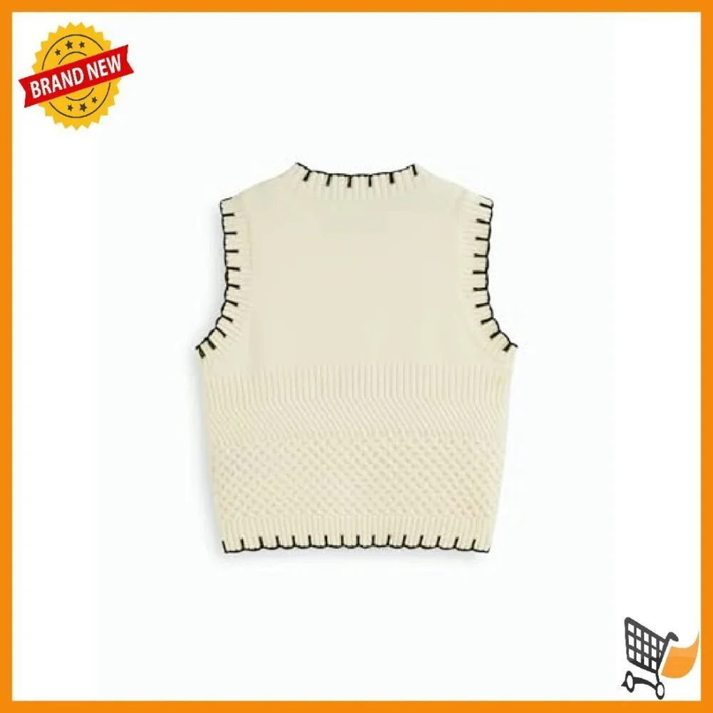 Cropped Sweater Vest Sleeveless Crew Neck Knit Tank Top Women's